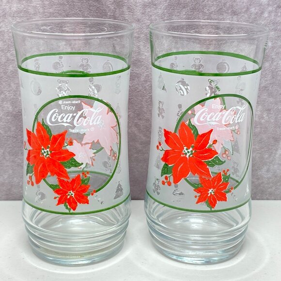 Vintage Coca-Cola Poinsettia Frosted Holiday Christmas Glass Tumblers Set Of 2 - Picture 1 of 9